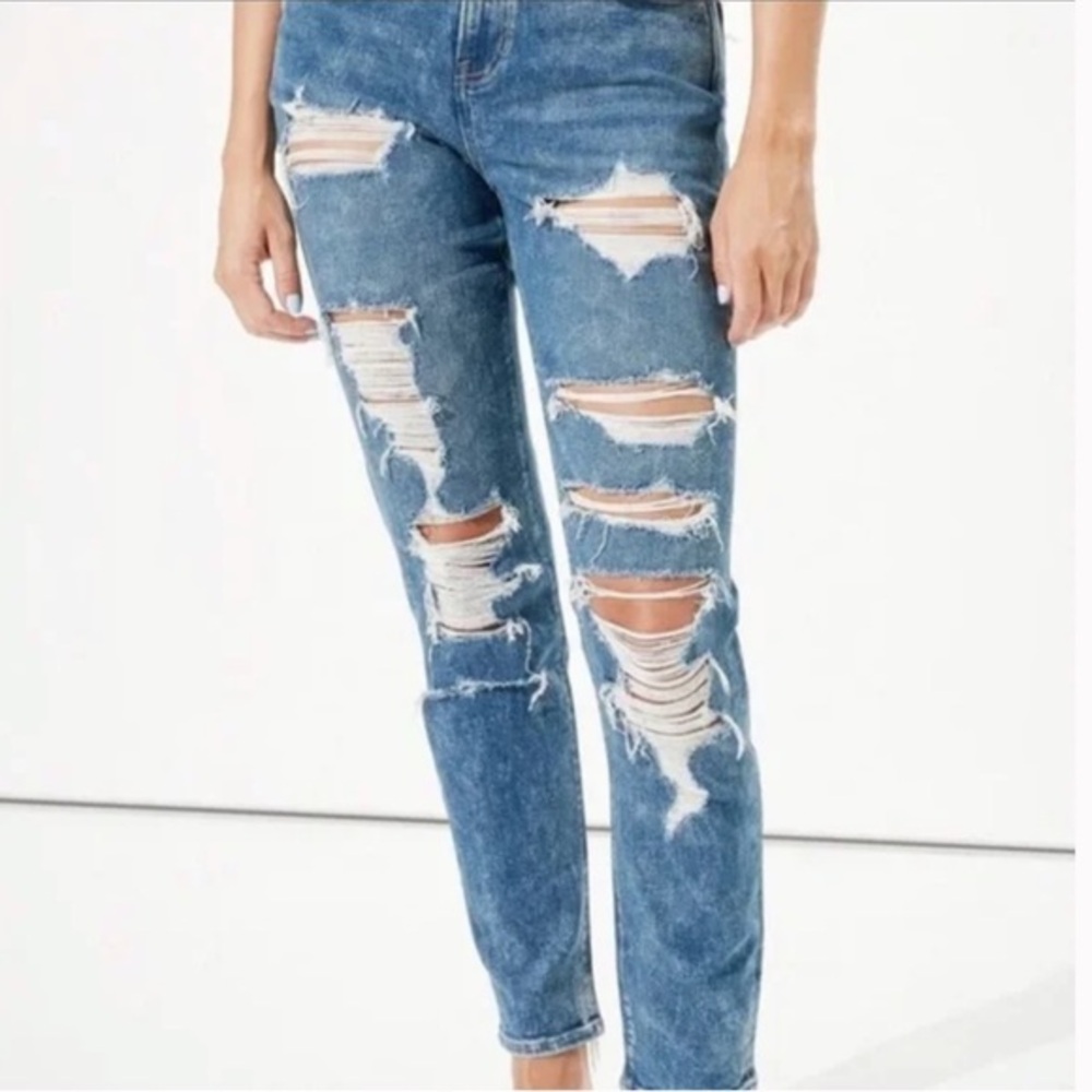 American Eagle Stretch Destroyed Ankle Mom Jeans 10 Long Acid Wash 90s